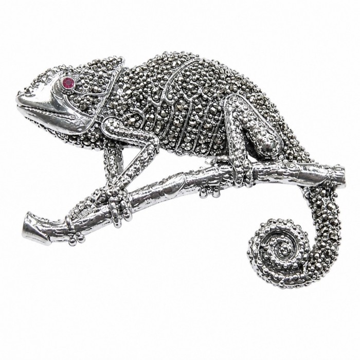 Spectacular - Big Chameleon Lizard Marcasite .925 Sterling Silver handmade Brooch