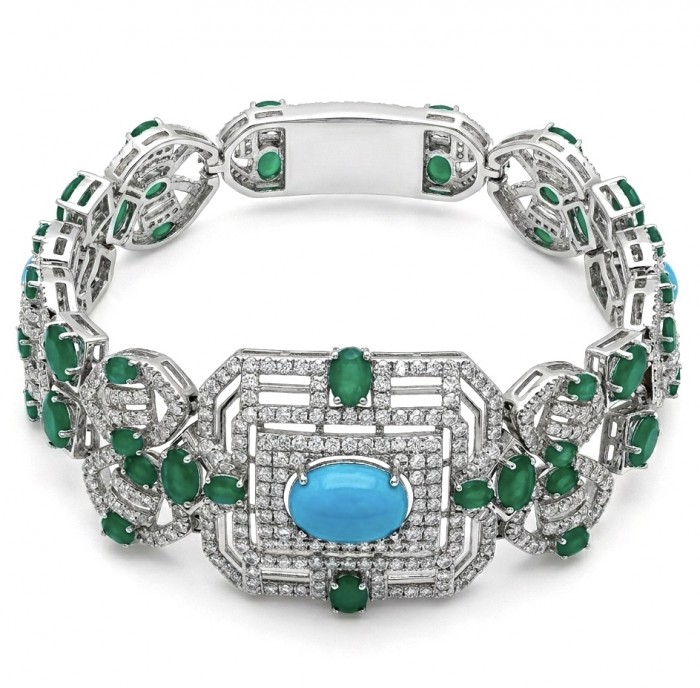 Art Deco - Pacifica - 98.4 carat Turquoise Emerald .925 Sterling Silver handmade Statement Bracelet