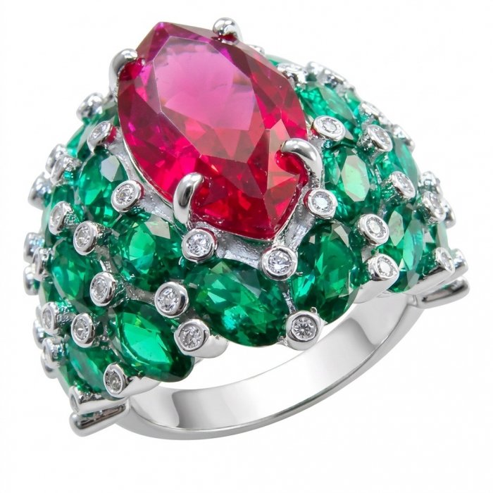 Giovanna 28.6 carat Ruby Emerald .925 Sterling Silver dipped rhodium handmade Huge Statement Ring size 9 1/4 - video