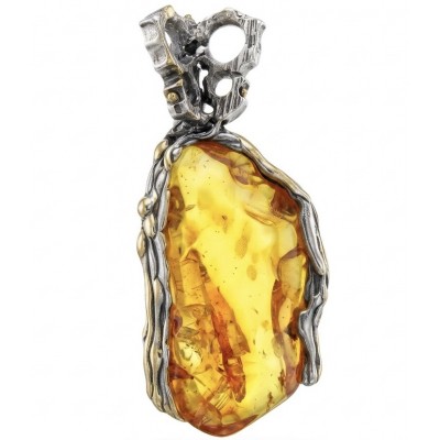 Massive Prehistoric Authentic Golden Baltic Amber rhodium over .925 Sterling Silver beautifully handcrafted Pendant