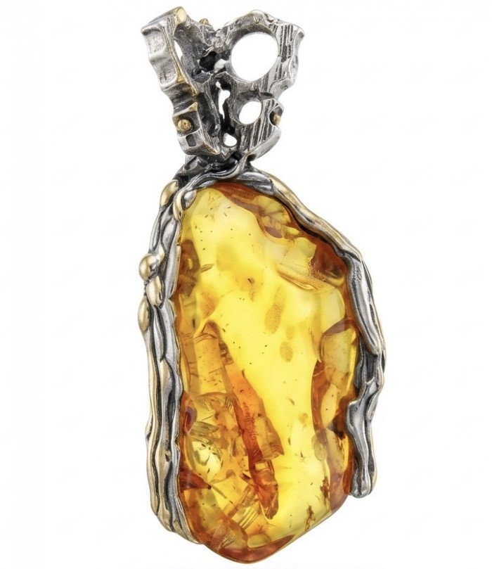 Massive Prehistoric Authentic Golden Baltic Amber rhodium over .925 Sterling Silver beautifully handcrafted Pendant