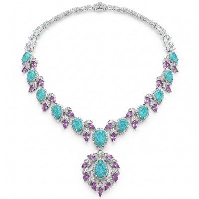 Wonderland 95.8 carat Paraiba Tourmaline rhodium over .925 Sterling Silver Handcrafted Statement necklace