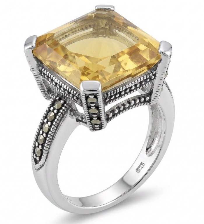 Golden Treasure 12.5 carat Brazilian Citrine Marcasite .925 Sterling Silver Handcrafted Ring size 7
