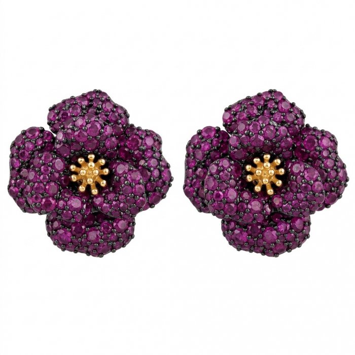 Exotic Flowers - 18.8 carat Mozambique Ruby .925 Sterling Silver dipped in rhodium 22K Gold handmade Statement Earrings - video