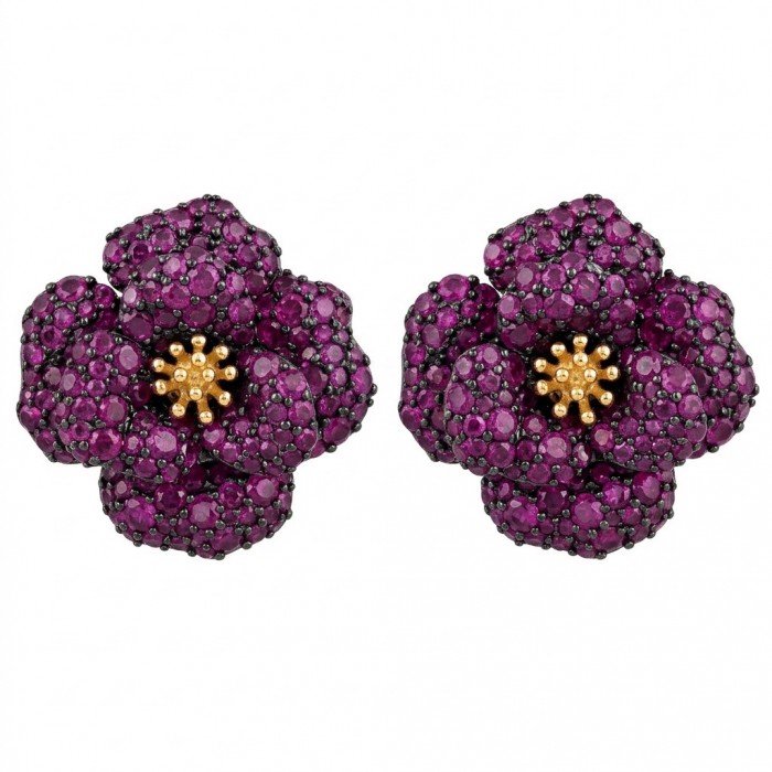 Exotic Flowers - 18.8 carat Mozambique Ruby .925 Sterling Silver dipped in rhodium 22K Gold handmade Statement Earrings