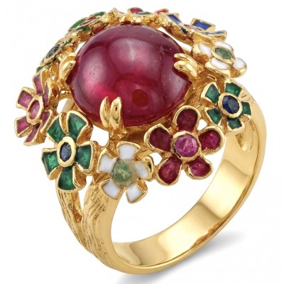 Blooming Garden Genuine 10.5 carat Kashmir Ruby enamel .925 Sterling Silver dipped in 22K Gold Large Statement Ring size 6 3/4