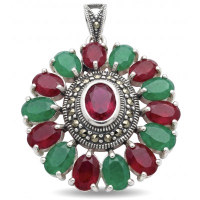 Giovanna 22.2 carat authentic Ruby Emerald Marcasite .925 Sterling Silver handmade Pendant