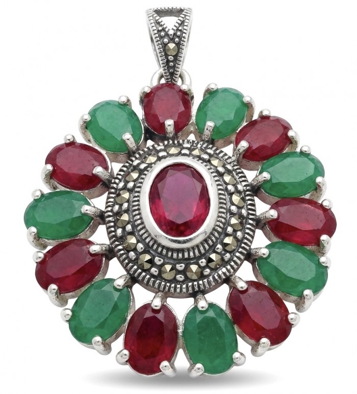 Giovanna 22.2 carat authentic Ruby Emerald Marcasite .925 Sterling Silver handmade Pendant