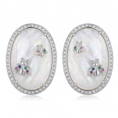 Genuine Blister Pearl lab grown Diamond rhodium over .925 Sterling Silver handcrafted Large Statement Earrings