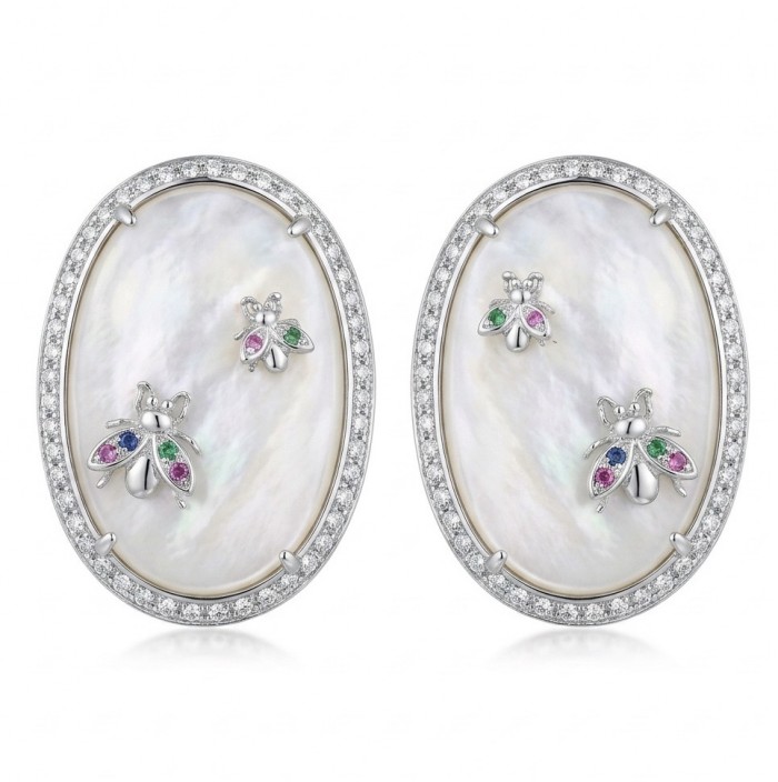 Genuine Blister Pearl lab grown Diamond rhodium over .925 Sterling Silver handcrafted Large Statement Earrings
