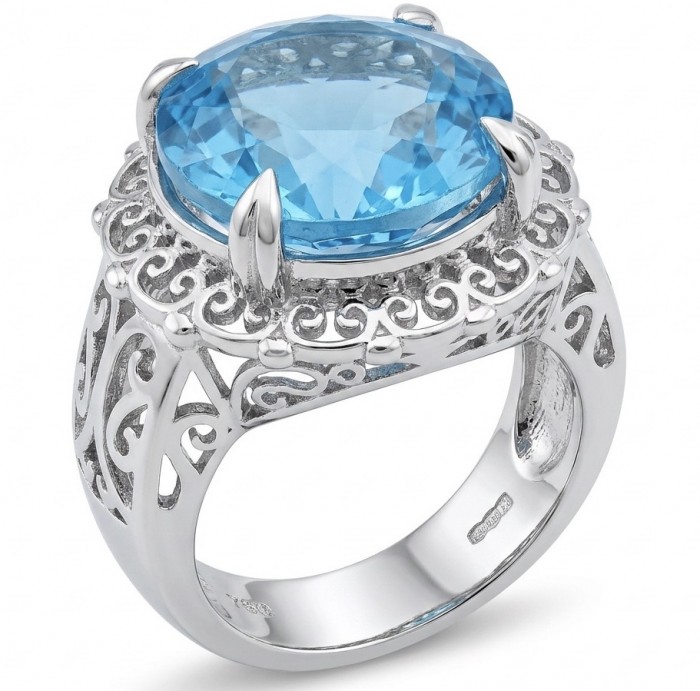 Poseidon 18.8 carat Swiss Blue Topaz .925 Sterling Silver dipped in rhodium handcrafted Large ring size 8