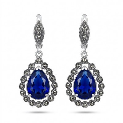 Julietta 15.5 carat London Blue Topaz Marcasite .925 Sterling Silver handmade Statement earrings