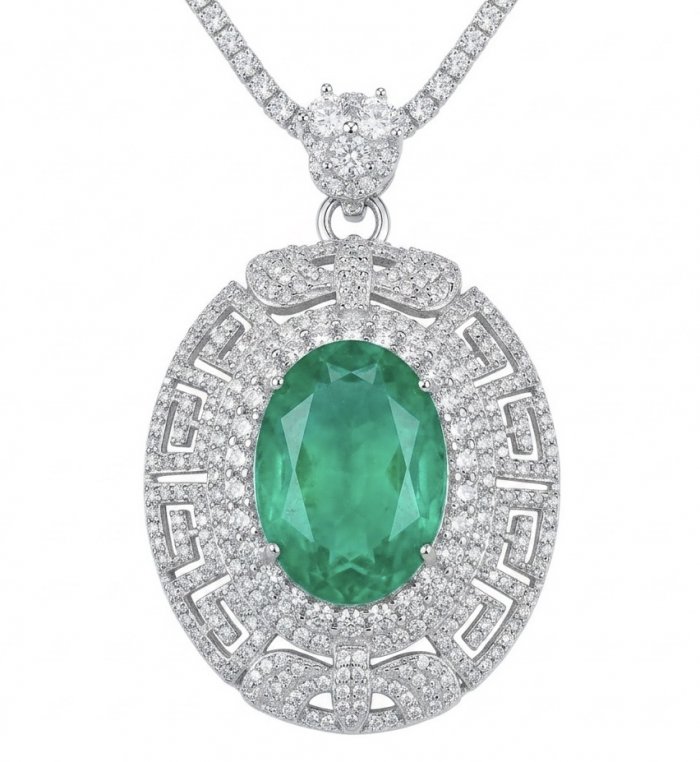 Colombian Briliance - oval cut 22.7 carat Emerald .925 Sterling Silver handcrafted necklace - video