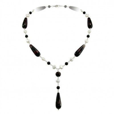 Black and White 26 inches authentic Onyx Pearl .925 Sterling Silver handmade Station Necklace