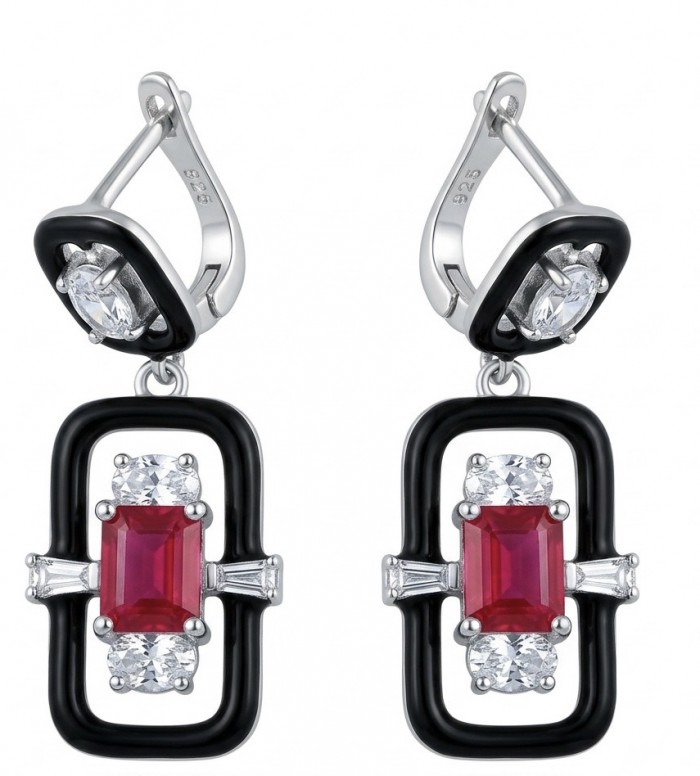 Art Deco - 4.5 carat Ruby enamel .925 Sterling Silver handcrafted incredible earrings