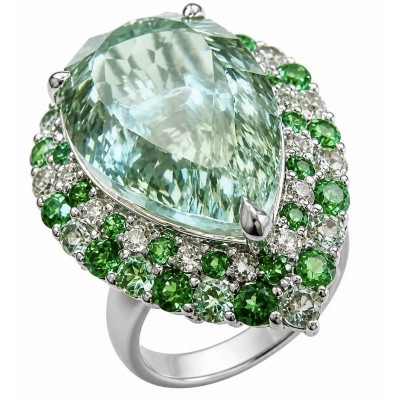 Large Natural 21.5 carat carved Green Amethyst rhodium over .925 Sterling Silver handcrafted ring size 8