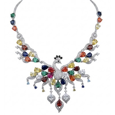 55.2 carat Graceful Swan Natural multicolot Topaz .925 Sterling Silver handcrafted Statement necklace
