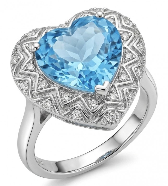 Venus's Heart 8.8 carat Swiss Blue Topaz .925 Sterling Silver dipped in rhodium handcrafted ring size 7