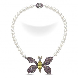 Incredible Butterfly 15.8 Lemon Quarzt Freshwater Pearl 18K Gold over .925 Sterling Silver handmade Large Statement Necklace