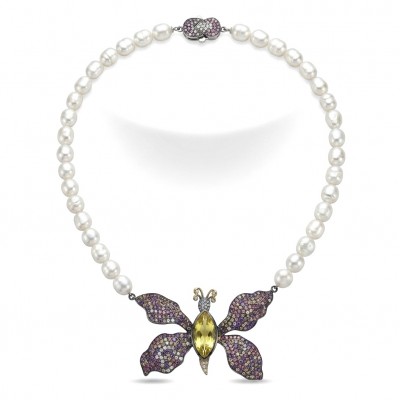 Incredible Butterfly 15.8 Lemon Quarzt Freshwater Pearl 18K Gold over .925 Sterling Silver handmade Large Statement Necklace