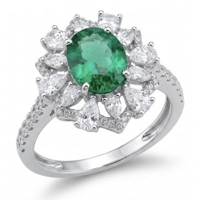 Elizabeth oval cut 4.8 carat Colombian Emerald 5.3 carat Moissanite .925 Sterling Silver dipped in Rhodium handcrafted Ring size 8 1/4