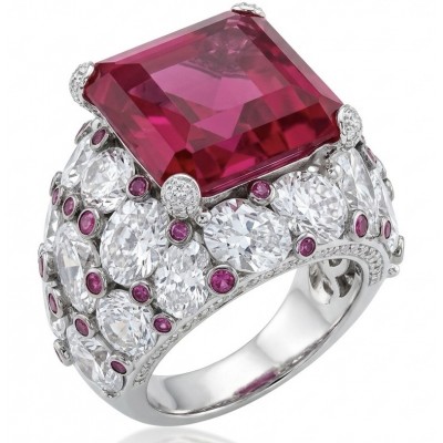 Scarlett 39.7 ctw Mozambique Ruby .925 Sterling Silver dipped in 18K WHITE Gold handcrafted Statement Ring size 8 1/4