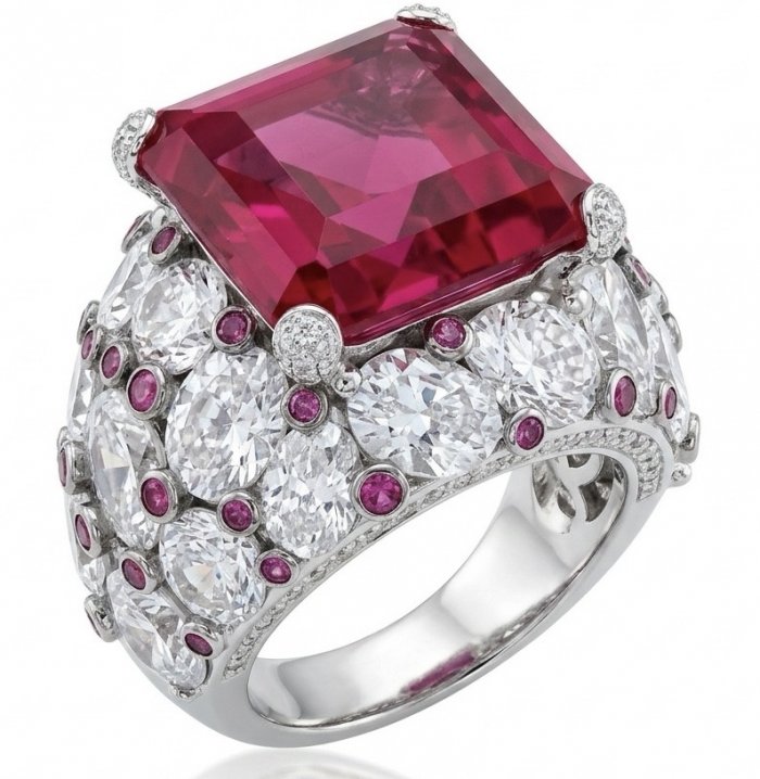 Scarlett 39.7 ctw Mozambique Ruby .925 Sterling Silver dipped in 18K WHITE Gold handcrafted Statement Ring size 8 1/4 - video