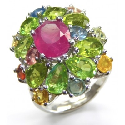 Blooming Garden 6.8 carat Mozambique Ruby 15.5 carat Peridot rhodium over .925 Sterling Silver handmade Statement Ring size 8 adjustable