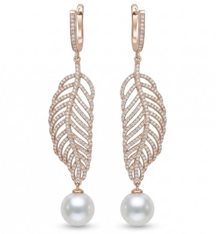 BLOOMING BEAUTY Genuine Pearl 0.2 CARAT lab grown Diamond 22k Rose Gold over .925 Sterling Silver handcrafted Statement Earrings