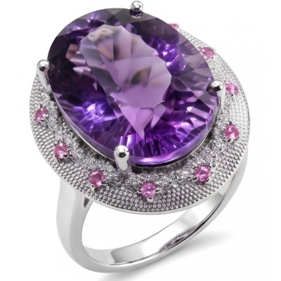 Purple Symphony 15.5 carat natural Amethyst rhodium over .925 Sterling Silver Handcrafted Ring size 8 adjustable