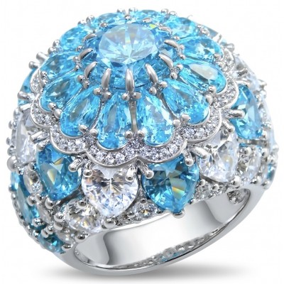 Blue Cascade Natural 14.8 carat Swiss Blue Topaz .925 Sterling Silver dipped in rhodium handmade Large Statement Ring size 6