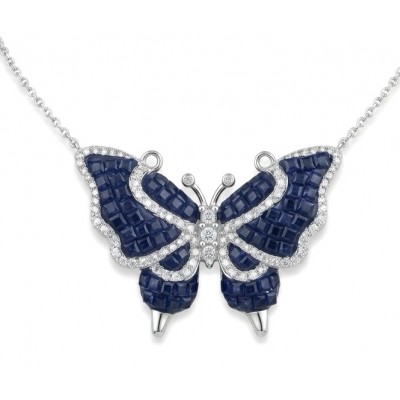 Precious Blue Butterfly mystery setting 14.2 carat natural Sapphire .925 Sterling Silver Necklace