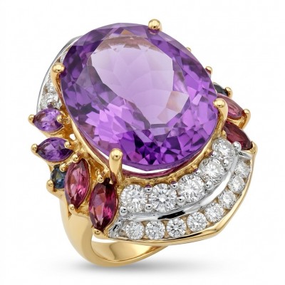Purple Cascade 21.5 carat natural Amethyst 22K Gold over .925 Sterling Silver Handcrafted Ring size 7