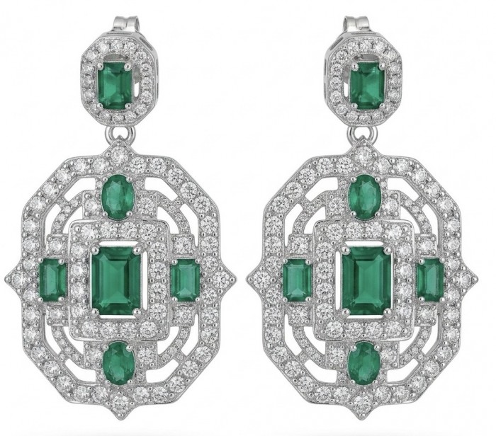 Art Deco - 8.8 carat Colombian Emerald .925 Sterling Silver handmade Statement Earrings