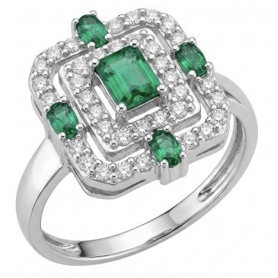 Art Deco - 3.8 carat Colombian Emerald .925 Sterling Silver handmade Statement ring s. 8 adjustable