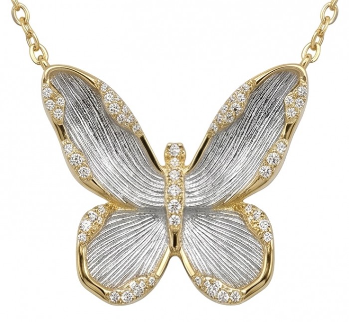 Golden Butterfly White Topaz highly polished 18K Gold over .925 Sterling Silver Italy made necklace