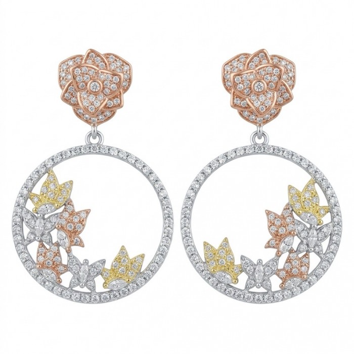 Black Label Collection - Floral design - Natural White Topaz 22K Gold over .925 Sterling Silver handmade 3 tones earrings
