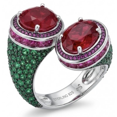 Giovanna Natural 8.6 carat Ruby pave Emerald .925 Sterling Silver dipped rhodium handmade Statement Ring size 8