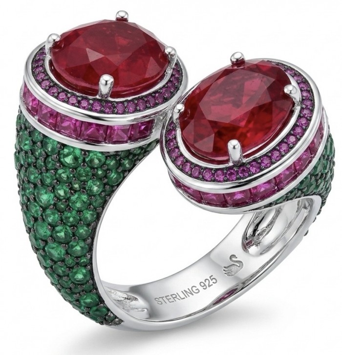 Giovanna Natural 8.6 carat Ruby pave Emerald .925 Sterling Silver dipped rhodium handmade Statement Ring size 8