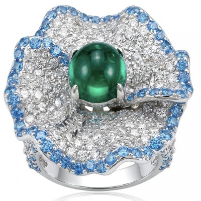Exotica 5.2 carat natural Emerald rhodium over .925 Sterling Silver Perfectly handcrafted Ring s. 6