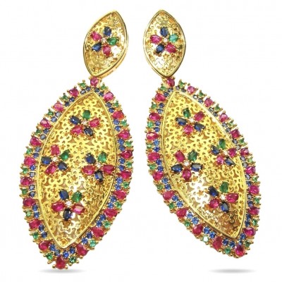 Byzantine Style Ruby Emerald Sapphire 14K Gold over .925 Sterling Silver handcrafted STATEMENT earrings