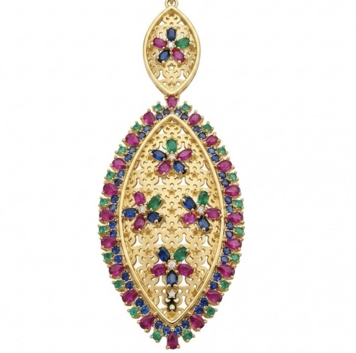 Byzantine Style Ruby Emerald Sapphire 14K Gold over .925 Sterling Silver handcrafted pendant