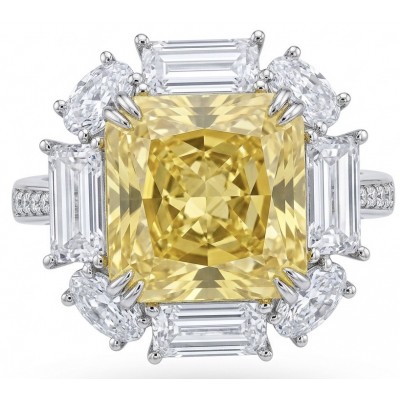 Art Deco - Luxurious asscher cut 15.7 carat Yellow Sapphire rhodium over .925 Sterling Silver handcrafted Ring s. 6