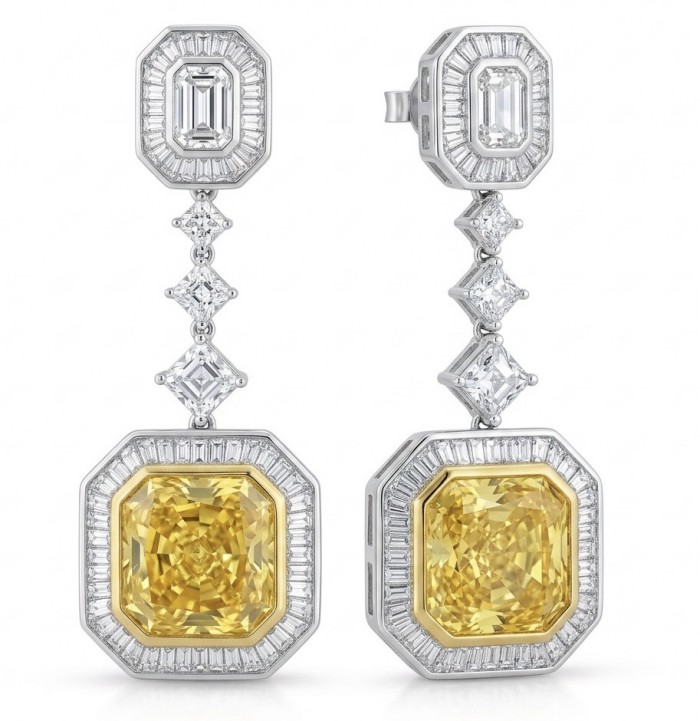 Art Deco - Luxurious asscher cut 20.5 carat Yellow Sapphire 18K Gold over .925 Sterling Silver handcrafted earrings