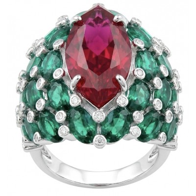 Giovanna 28.6 carat Ruby Emerald .925 Sterling Silver dipped rhodium handmade Huge Statement Ring size 7