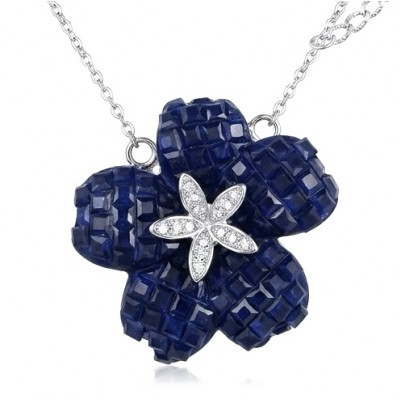 Blue Flower mystery setting 19.2 carat natural Sapphire .925 Sterling Silver Necklace