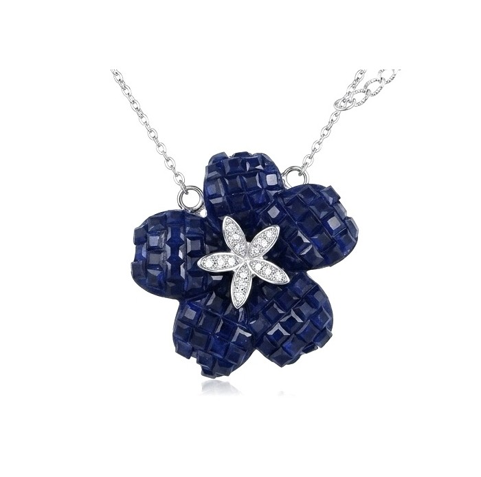 Blue Flower mystery setting 19.2 carat natural Sapphire .925 Sterling Silver Necklace