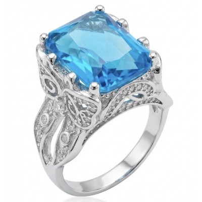 Blue OCEAN 14.3 carat Swiss Blue Topaz .925 Sterling Silver dipped in rhodium handcrafted ring size 7 1/4