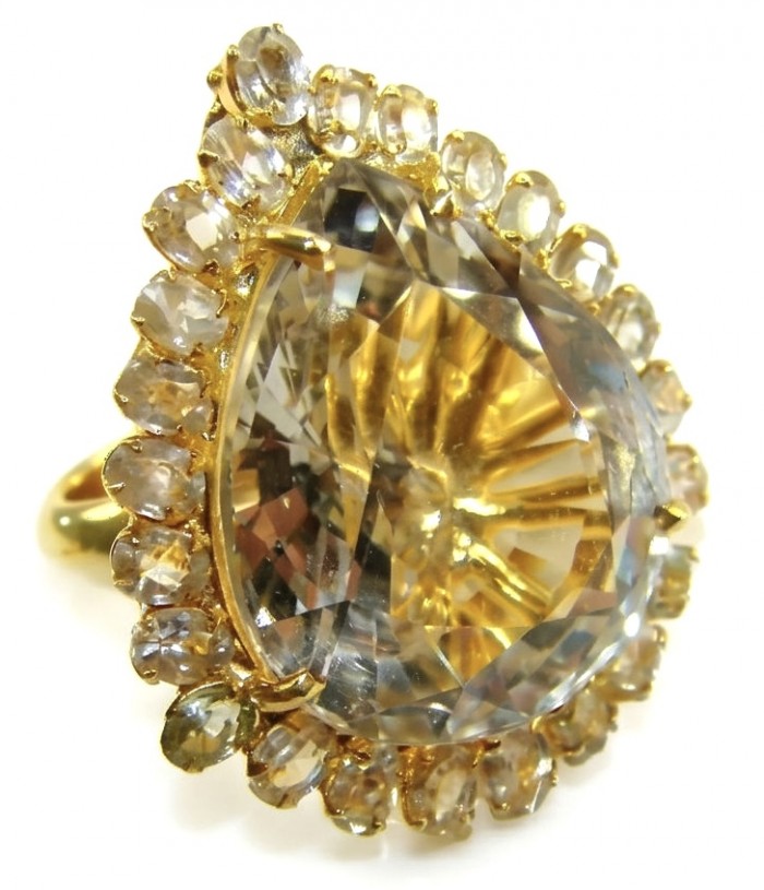 Massive Authentic pear cut 35.2 carat White Topaz 18K Gold over .925 Sterling Silver ring s. 8