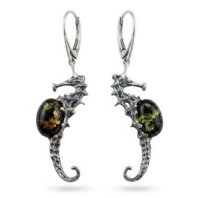SEAHORSE Style genuine green Baltic Amber .925 Sterling Silver earrings